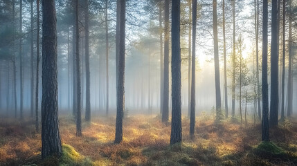 Obraz premium Misty Pine Forest Sunrise Sunbeams, Fog, Trees, Nature