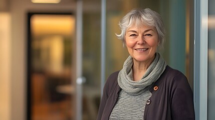 Portrait of a smiling mature woman wearing a gray scarf and a black jacket, standing next to a glass door.