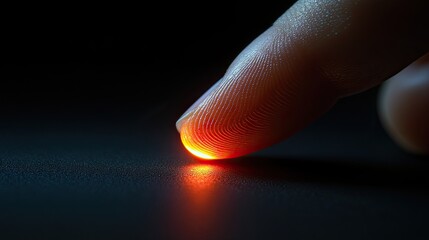 Fingertip glowing red on a black background. Shows the power of human touch.