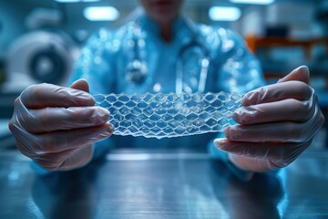 hands with fabric that imitates artificial skin.  innovations in biotechnology, technology development concept.