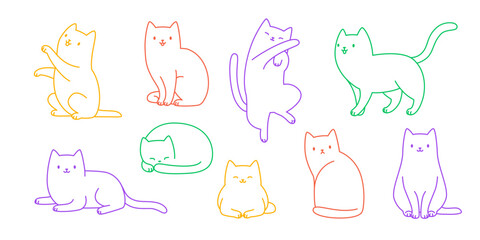 Outline cat poses set. Cute vector line cat collection. Colorful kittens silhouette bundle. © Sonium_art