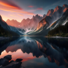 Majestic Mountain Sunset Reflection Over Tranquil Lake