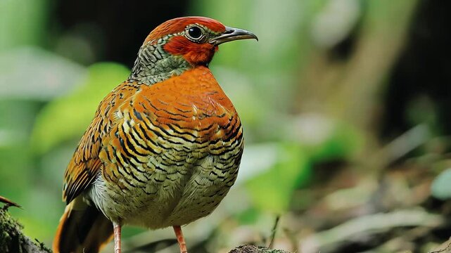 A red-necked crake bird perches on a branch in a forest