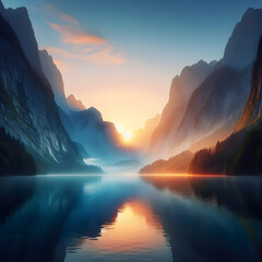 Majestic Sunset Over Tranquil Mountain Lake with Stunning Reflection