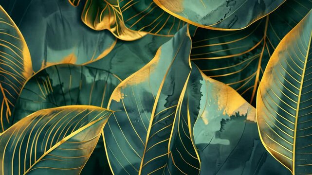 A close-up of green leaves with gold veins, creating a beautiful natural pattern