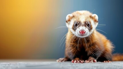 Fototapeta premium Cute Ferret Sitting Upright on Plain Background
