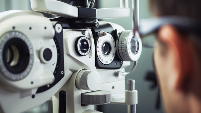 A precise glimpse into an eye examination setup, showcasing advanced medical equipment poised for detailed ocular analysis.