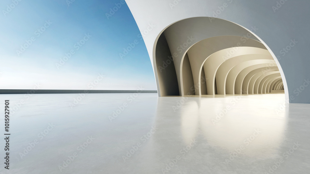 Poster 3d render of abstract wavy structure, futuristic architecture with empty concrete floor