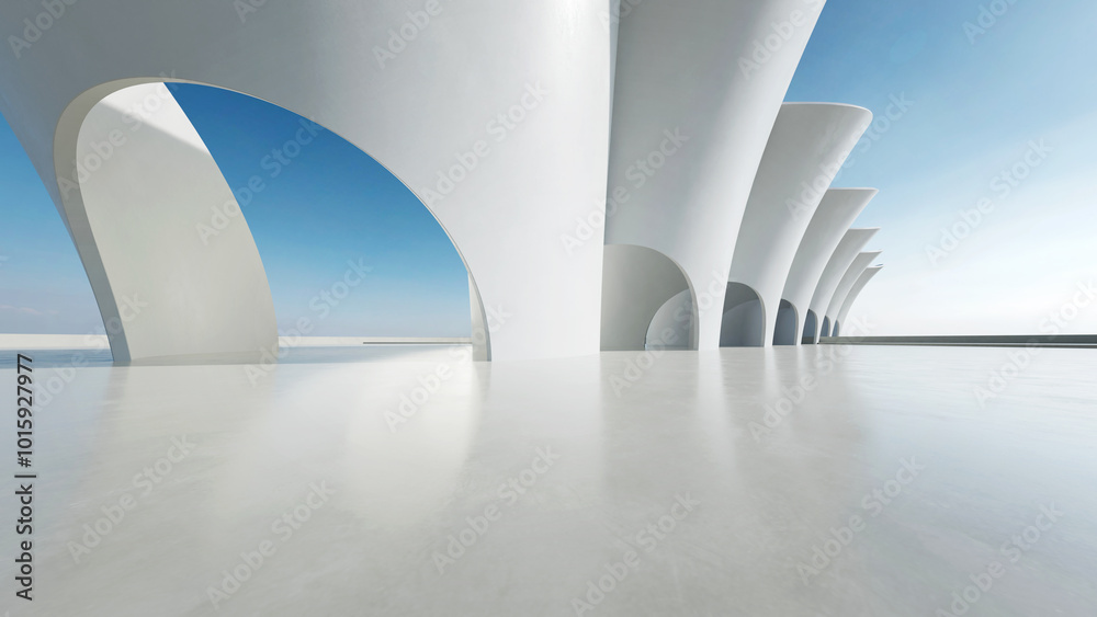 Poster 3d render of abstract wavy structure, futuristic architecture with empty concrete floor