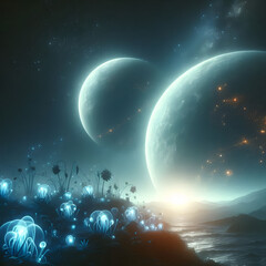 Mystical Night Luminous Flora, Dual Moons, Ethereal Glow