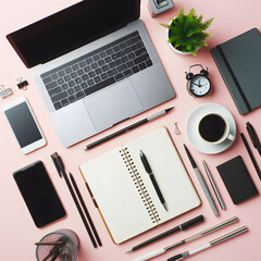 Organized Workspace with Laptop, Coffee, and Stationery