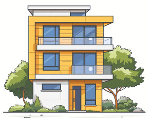 Modern apartment building with trees and bushes. Flat style vector illustration.