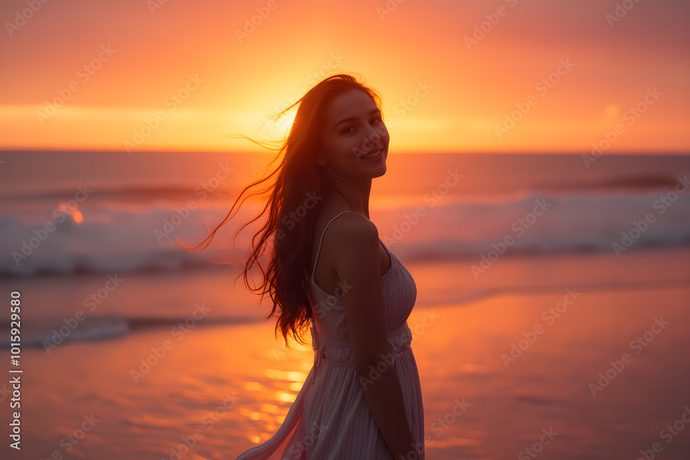 Wall mural beautiful woman on the beach as the sun sets