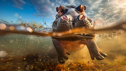 Hippo Underwater in Clear Water at Wide Angle