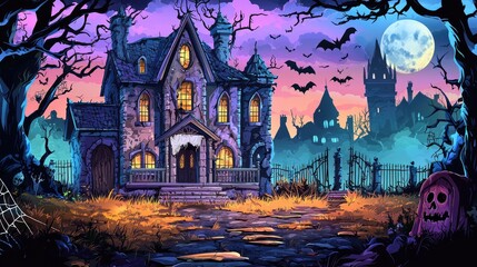 An Eerie, Gothic-Style Haunted House with a Full Moon and Bats in a Twilight Landscape