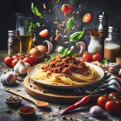 Vibrant Spaghetti Bolognese with Fresh Ingredients Flying
