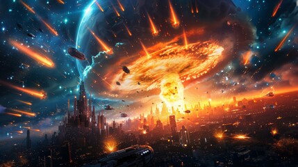 Fototapeta premium Futuristic Galaxy Scene with Towering Megastructures