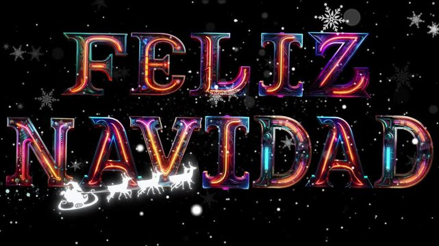 Felicitaci&oacute;n de navidad en espa&ntilde;ol con letras de ne&oacute;n suavemente mecidas, adornos de navidad y nevada con copos de nieve