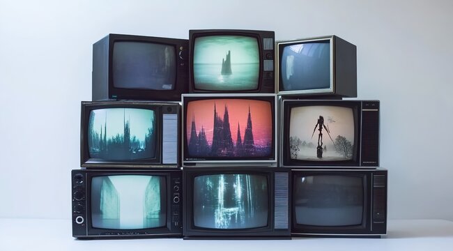 
A stack of old televisions displaying different scenes