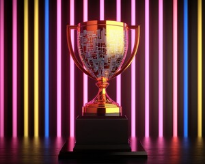 Golden trophy on display with colorful neon lights in the background.