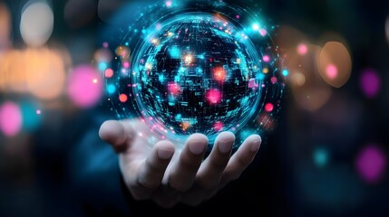 Hand Holding Holographic Digital Globe with Futuristic Technology