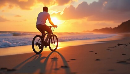 Fototapeta premium A man riding a bicycle along a sandy beach at sunset, the sun casting long shadows across the sand