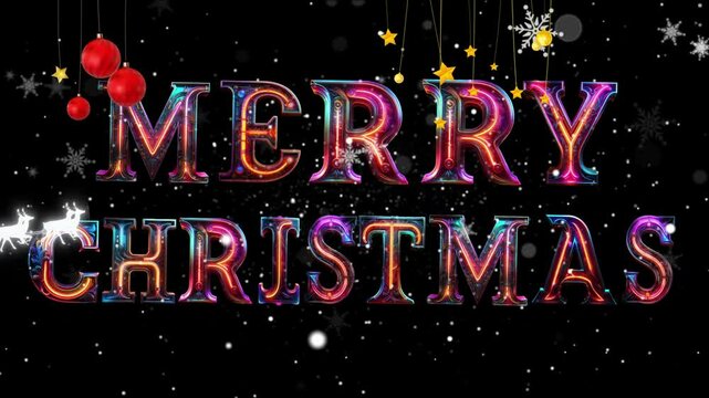 Felicitaci&oacute;n de navidad en ingles con letras de ne&oacute;n suavemente mecidas, adornos de navidad y nevada con copos de nieve