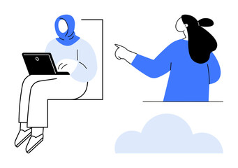 Two women are involved in online activities, with one using a laptop and the other pointing. Both wear modest clothing. Ideal for technology remote work collaboration diversity education digital