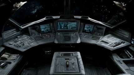 Futuristic Spaceship Cockpit Interior with Starry Night Background