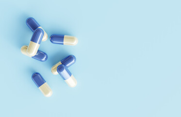 Medical background. Pills on blue background. 3d-rendering