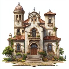 Naklejka premium Italian Villa with Red Tile Roof Stone Walls and Ornate Windows Architectural Illustrat