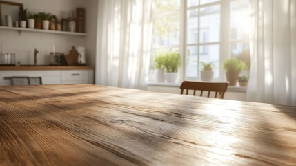 Fototapeta premium Empty wood kitchen tabletop bathed in natural sunlight, with white curtains in the background, providing a clean, inviting setting for product presentation.