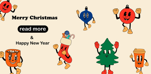 Web page design template. Merry Christmas retro collection cartoon mascot characters. Vector illustration for poster, banner, website development.