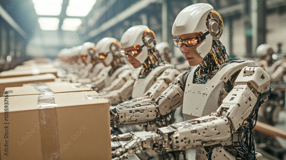 Aufkleber Future of Manufacturing  Robots Working on Assembly Line in Factory