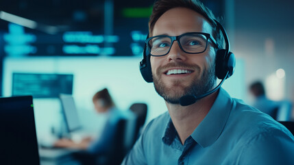 Obraz premium A cheerful and confident telemarketing agent, wearing glasses and a business casual outfit, actively consulting a client through his wireless headset. The well-lit office features