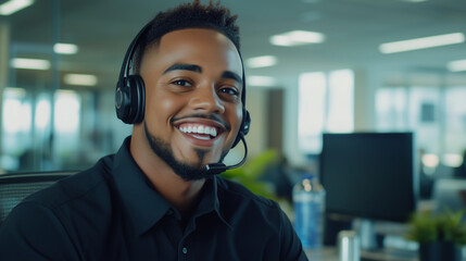 A professional customer service agent with a big smile, engaging with a client over his headset in a brightly lit modern office. His desk is clean, with a few personal touches, lik