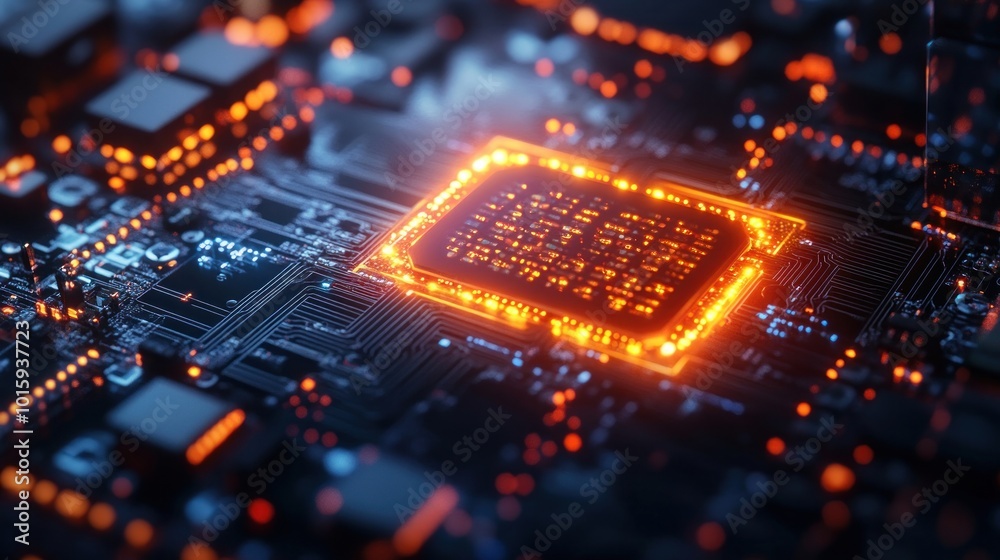 Aufkleber glowing cpu chip on circuit board motherboard technology background