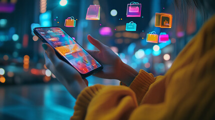 A vibrant shopping app advertisement showing a user holding a smartphone, navigating through a sleek interface with colorful purchase icons popping up.