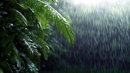 Obraz premium Rain Falling on Green Leaves in a Lush Forest