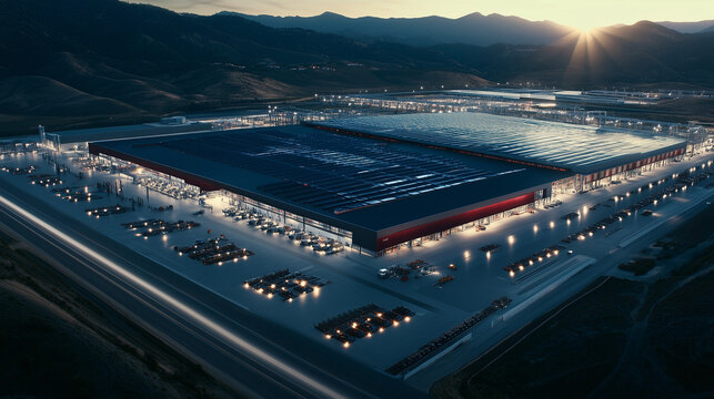 A sprawling gigafactory with robotic systems assembling electric vehicles inside, surrounded by green spaces and renewable energy installations, illuminated by the afternoon sun.