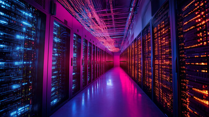 Obraz premium A room packed with rows of server racks, their LEDs blinking in sync, while streams of light symbolize the invisible movement of data through cloud infrastructure, surrounded by hi
