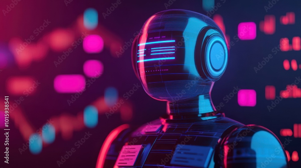 Poster futuristic robot artificial intelligence ai cyborg head in neon lights
