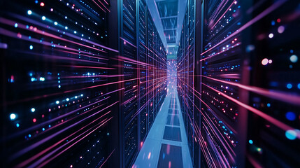 Obraz premium A close-up of server racks in a high-tech data center, their LEDs blinking, while streams of light depict information moving through high-speed networks, emphasizing the importance