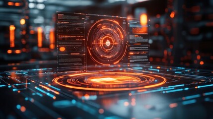 Futuristic Interface with Holographic Display and Digital Circuitry