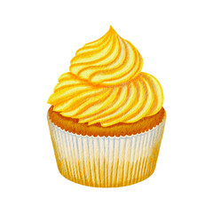 Cupcake with yellow lemon cream watercolor illustration. Hand drawn confectionery product on isolated background. For menu and recipe design.