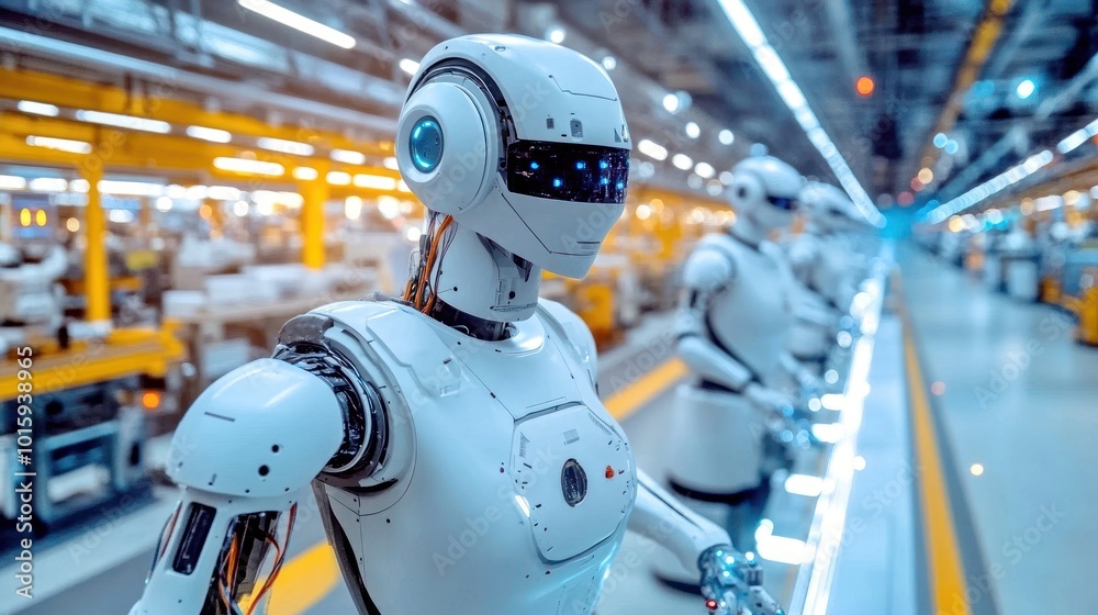 Poster futuristic robot assembly line in modern factory