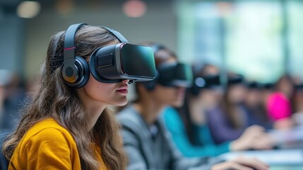 Young Woman Wearing VR Headset in a Classroom