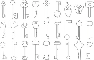 Antique key icon set for logo and T-shirt design. Thin line art editable stroke.