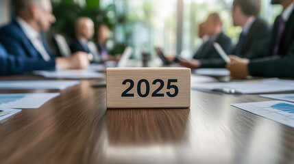A close-up of a "2025" wooden block on a conference room table, with businesspeople discussing annual achievements and future growth, charts and graphs scattered around.