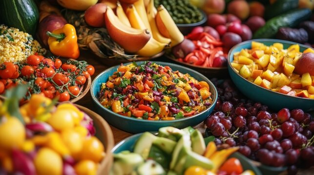 Celebrate World Vegan Day with a vibrant display of fresh, colorful  dishes, featuring an array of fruits, vegetables, and grains that showcase the beauty and diversity of a vegan lifestyle 